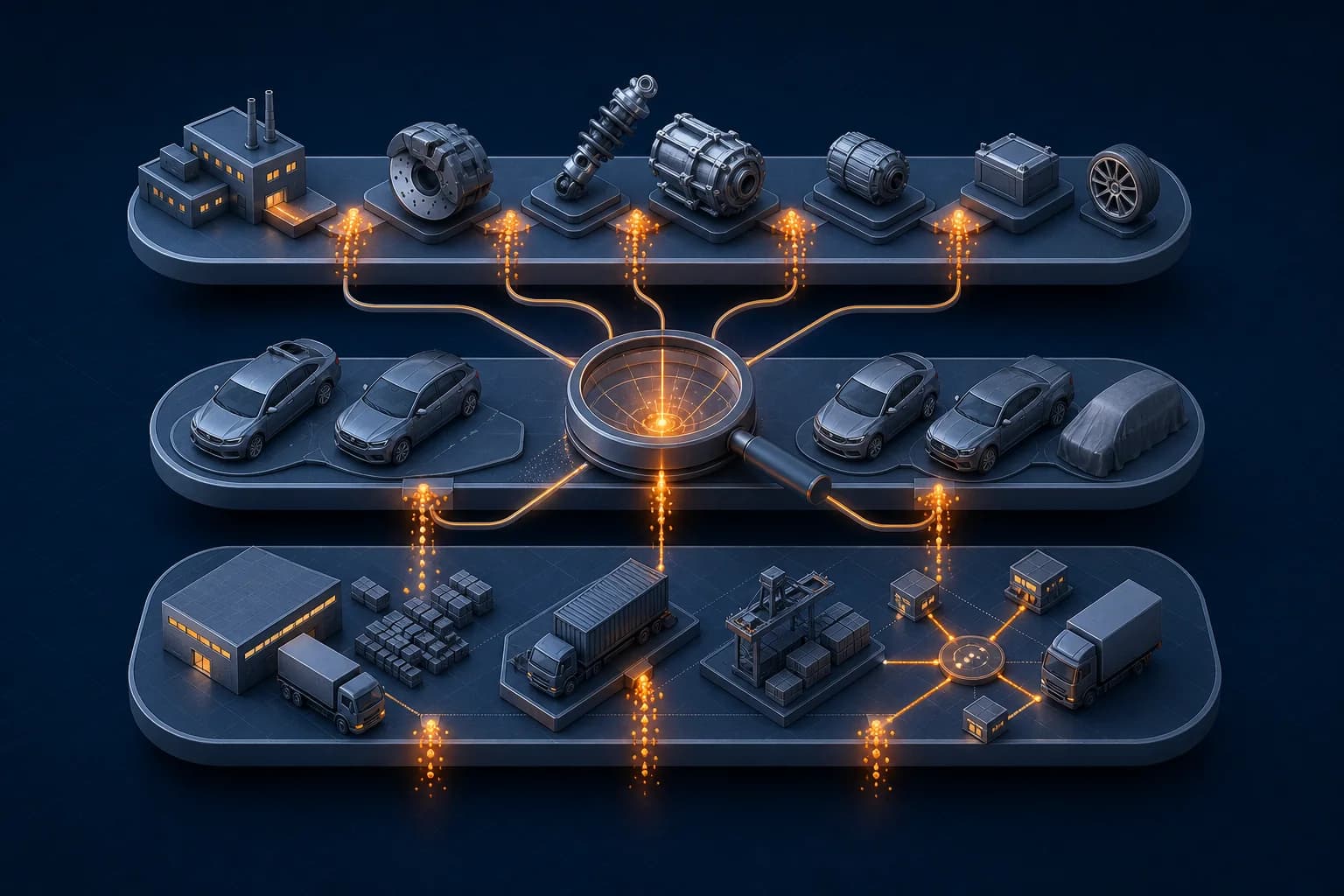 Illustration tracing margin leakage across automotive parts, programs, and logistics