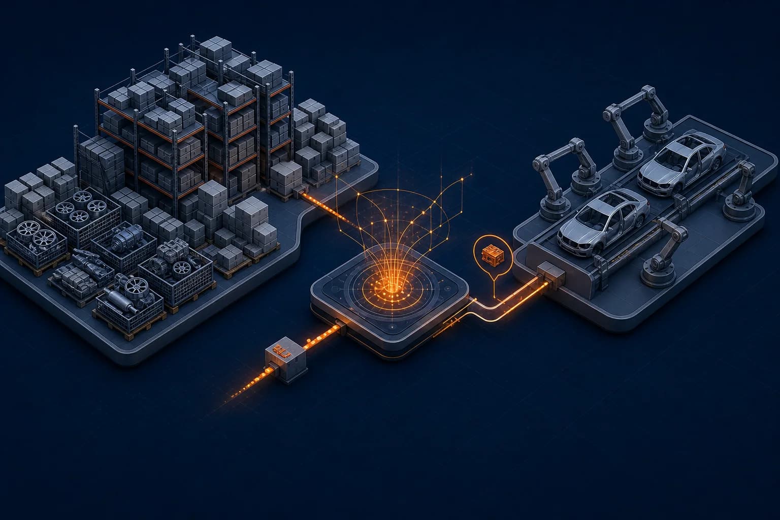 Illustration of excess warehouse stock beside an assembly line missing a critical part