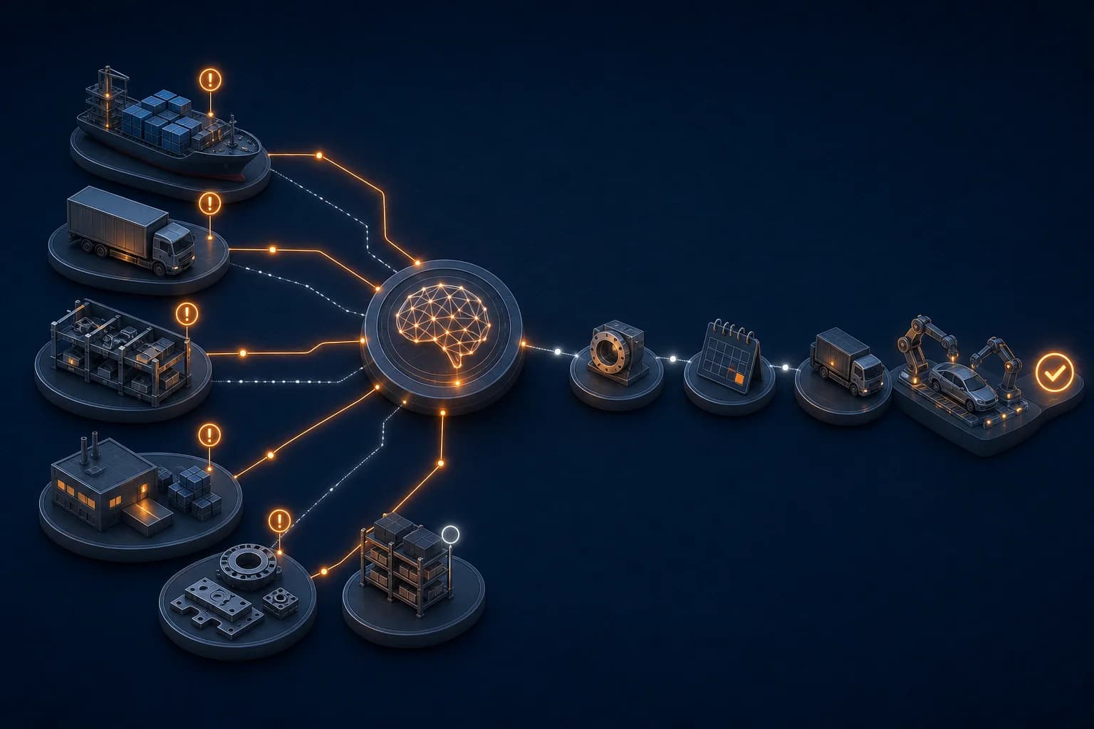 Illustration of AI connecting materials planning signals to an automotive production action