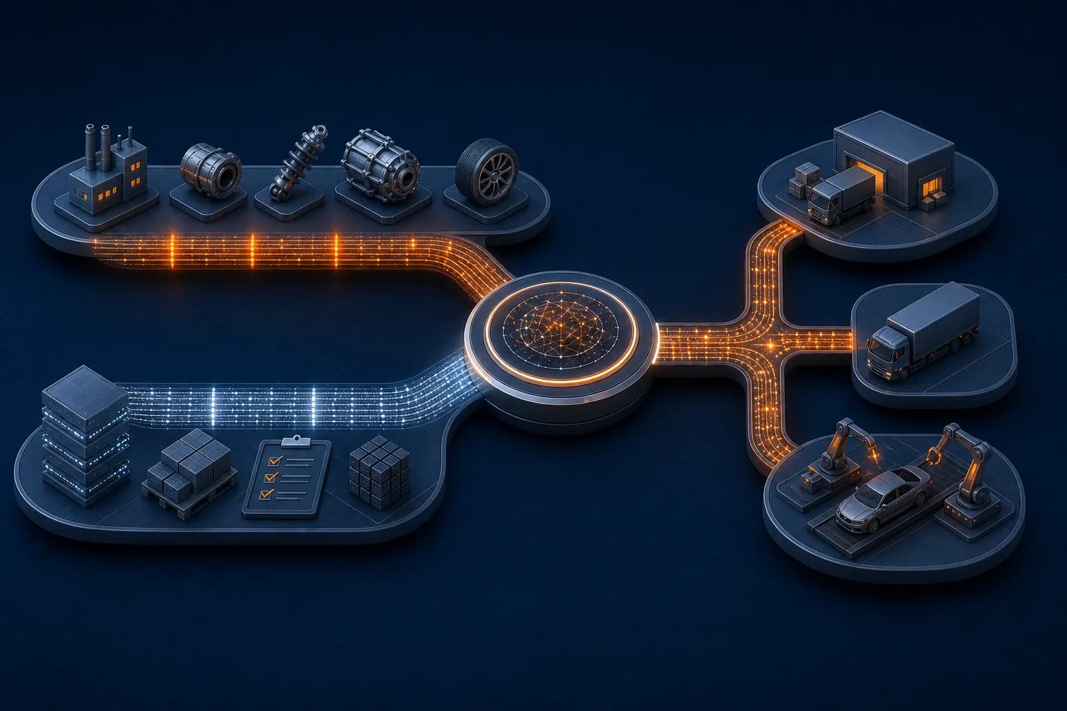 Illustration of MRP and EDI data streams converging into a synchronized automotive plan