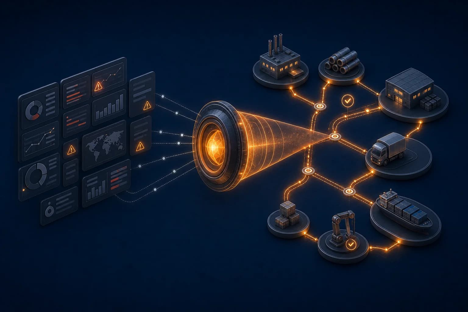 Illustration of an intelligence lens connecting ERP visibility to supply chain root causes