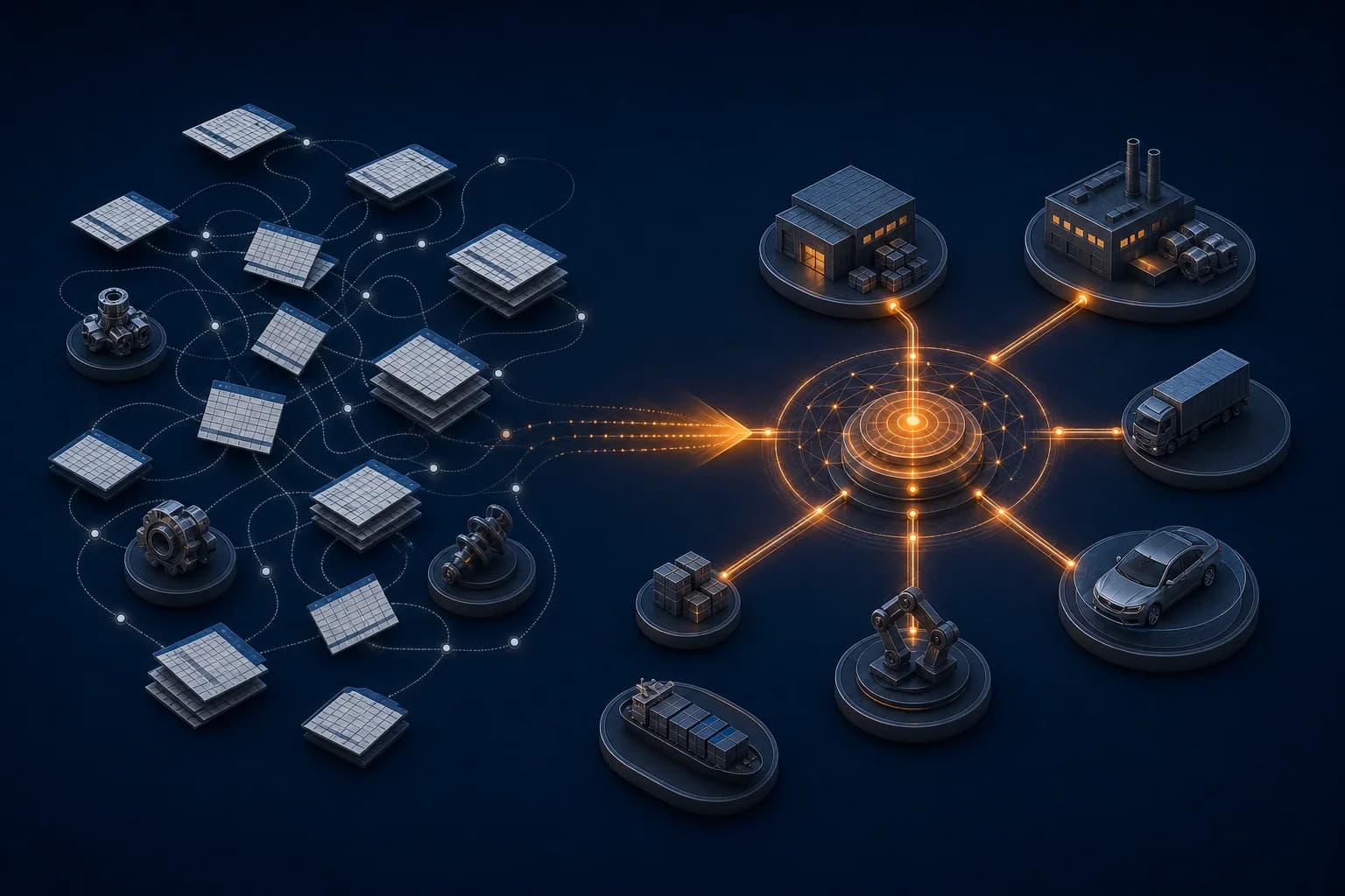 Illustration of disconnected spreadsheet planning converging into a connected decision graph